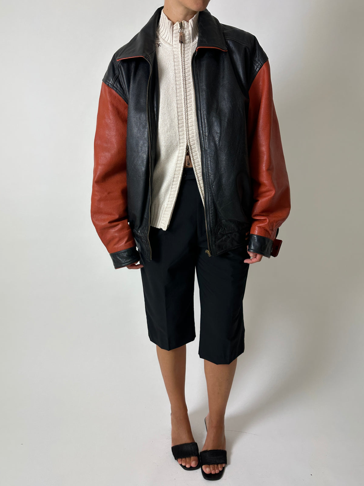 Leather bomber jacket | Black / Orange
