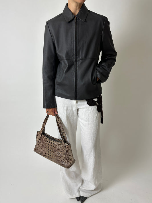 Minimalist leather jacket | Dark brown