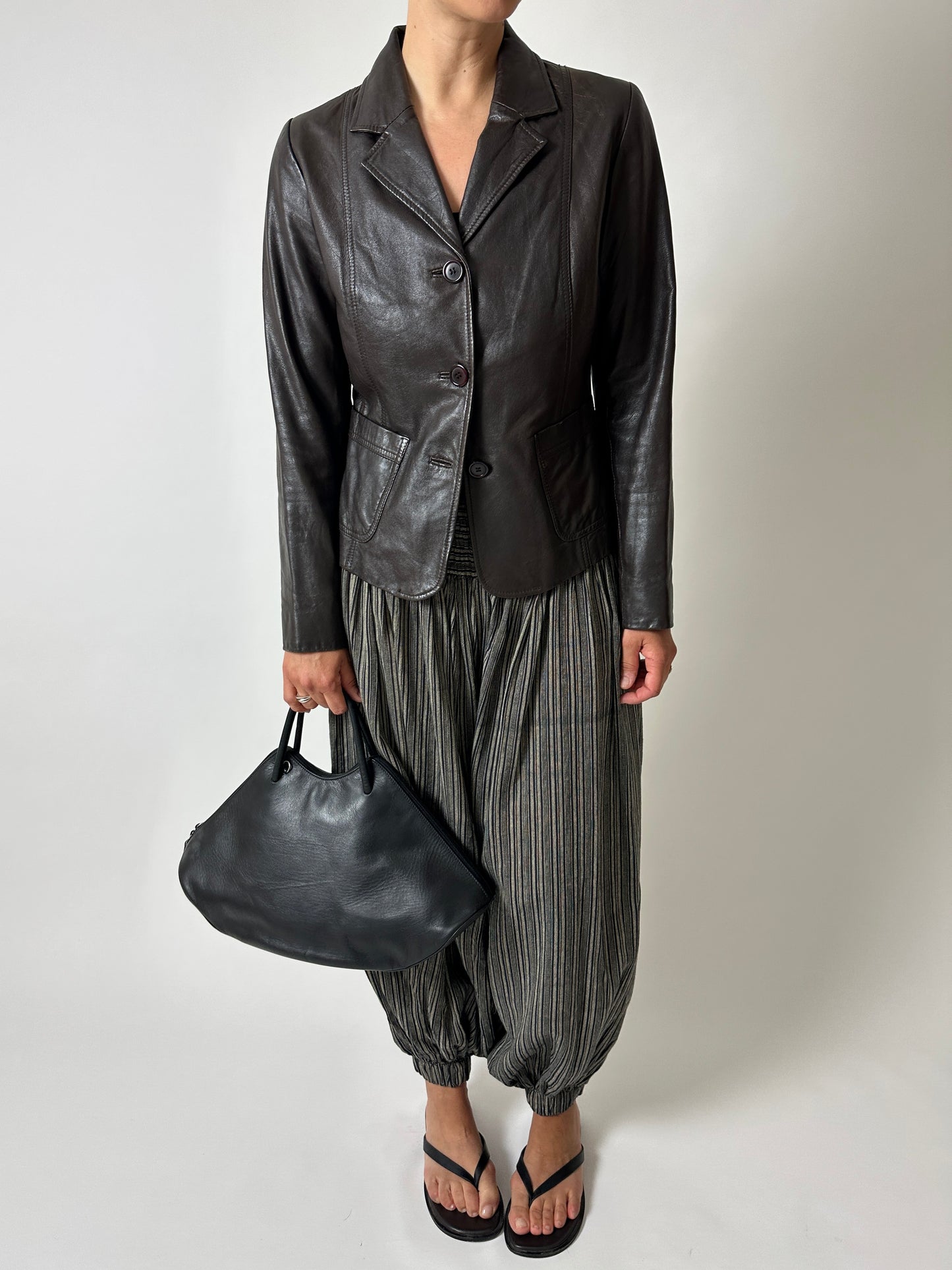 Leather fitted blazer | Dark brown