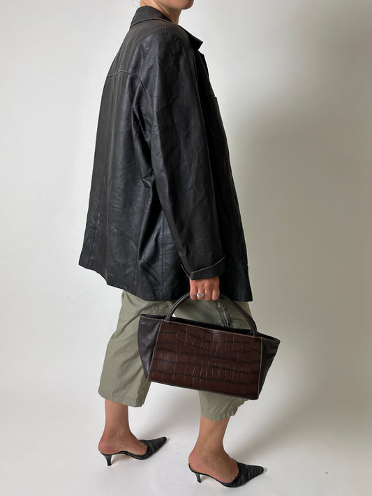 Leather minimal jacket | Dark brown