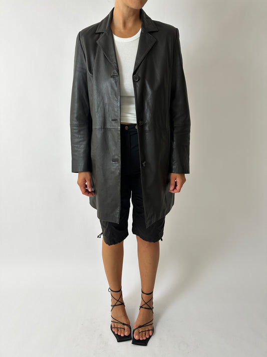 Long leather coat | Dark brown