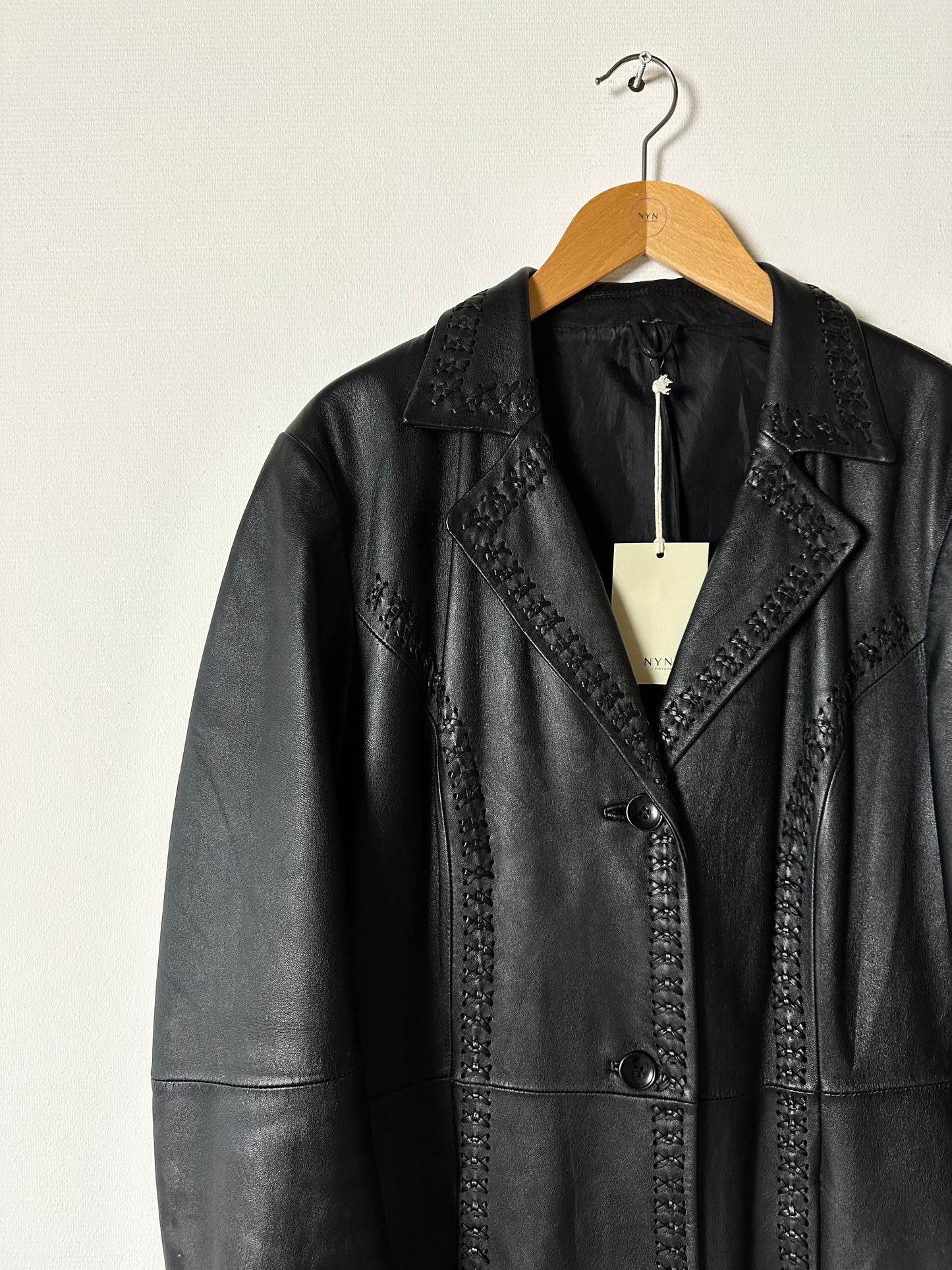 Long leather detailed coat | Black