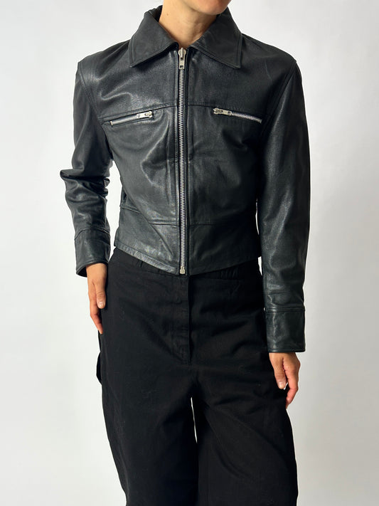 Leather zip cropped jacket | Black