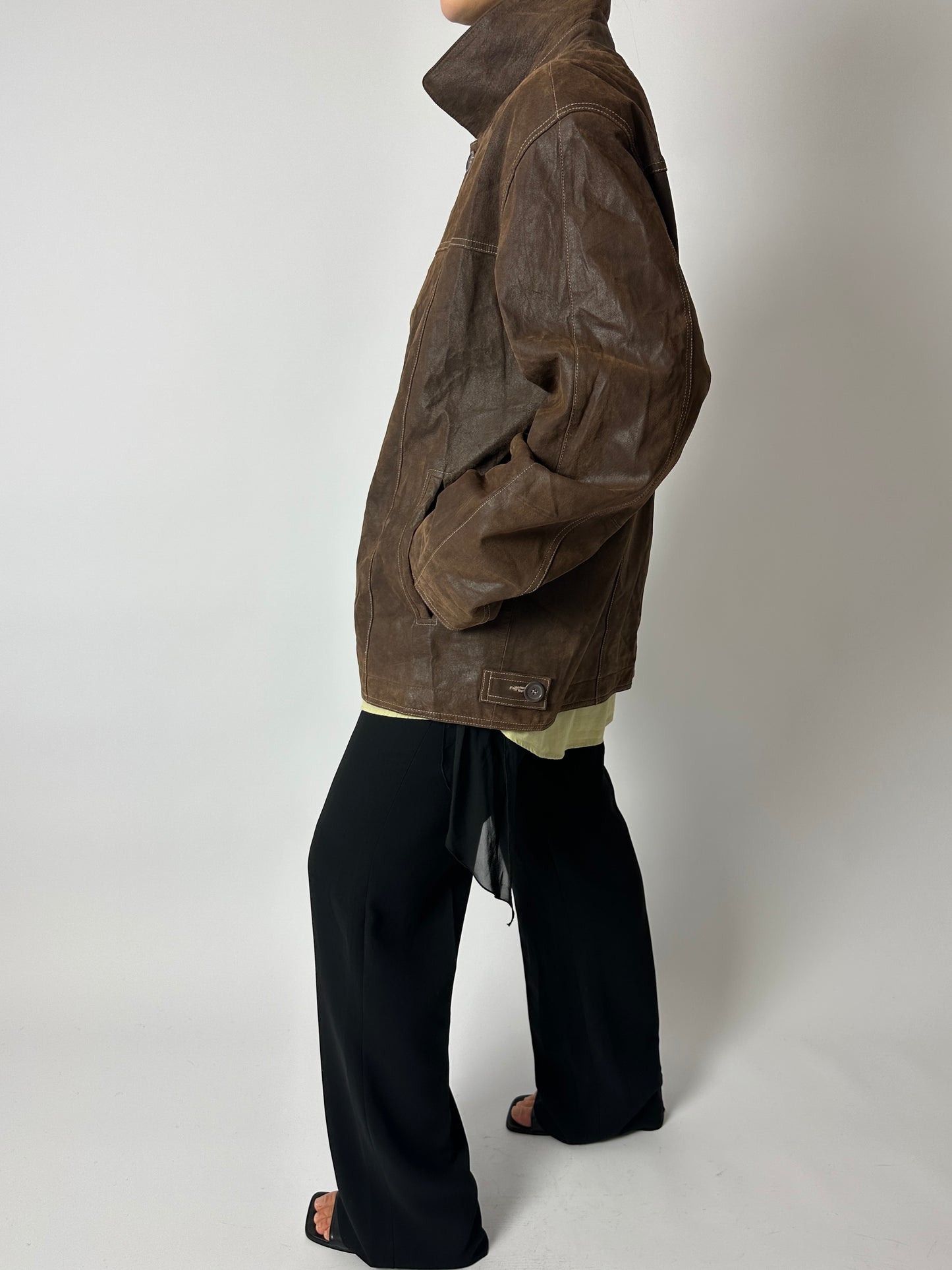 Leather minimal jacket | Dark brown