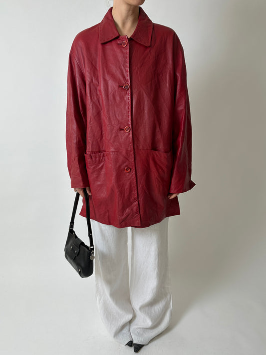 Long leather coat | Bright red