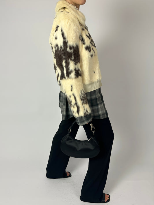 Vintage cow leather jacket cow pattern fur jacket