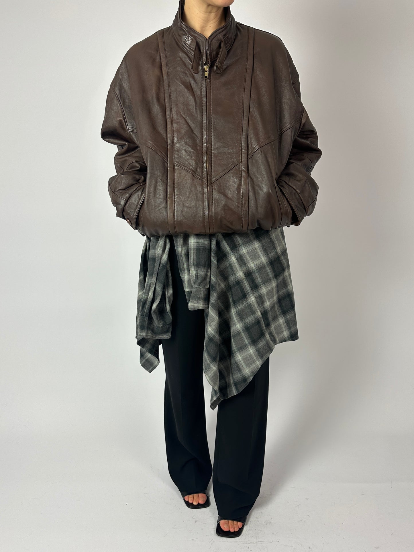 Leather bomber jacket | Dark brown