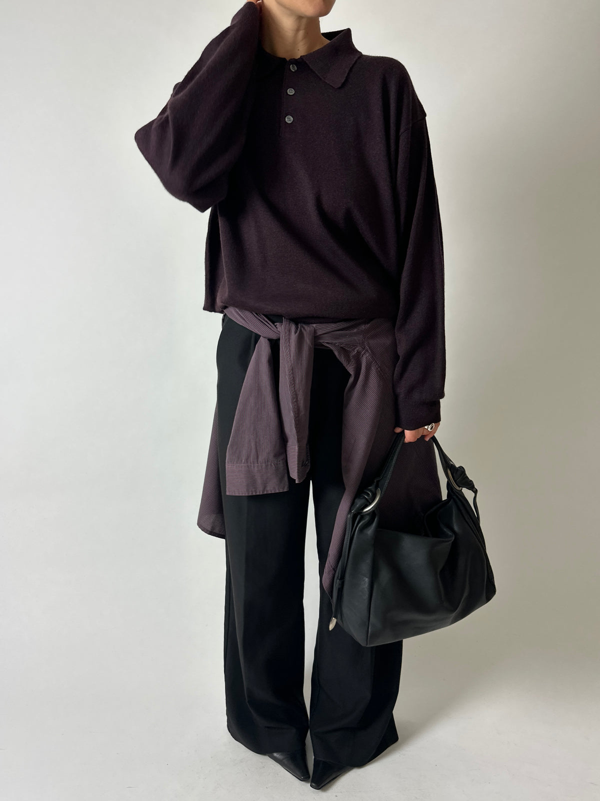 Wool blend knitted polo | Dark aubergine