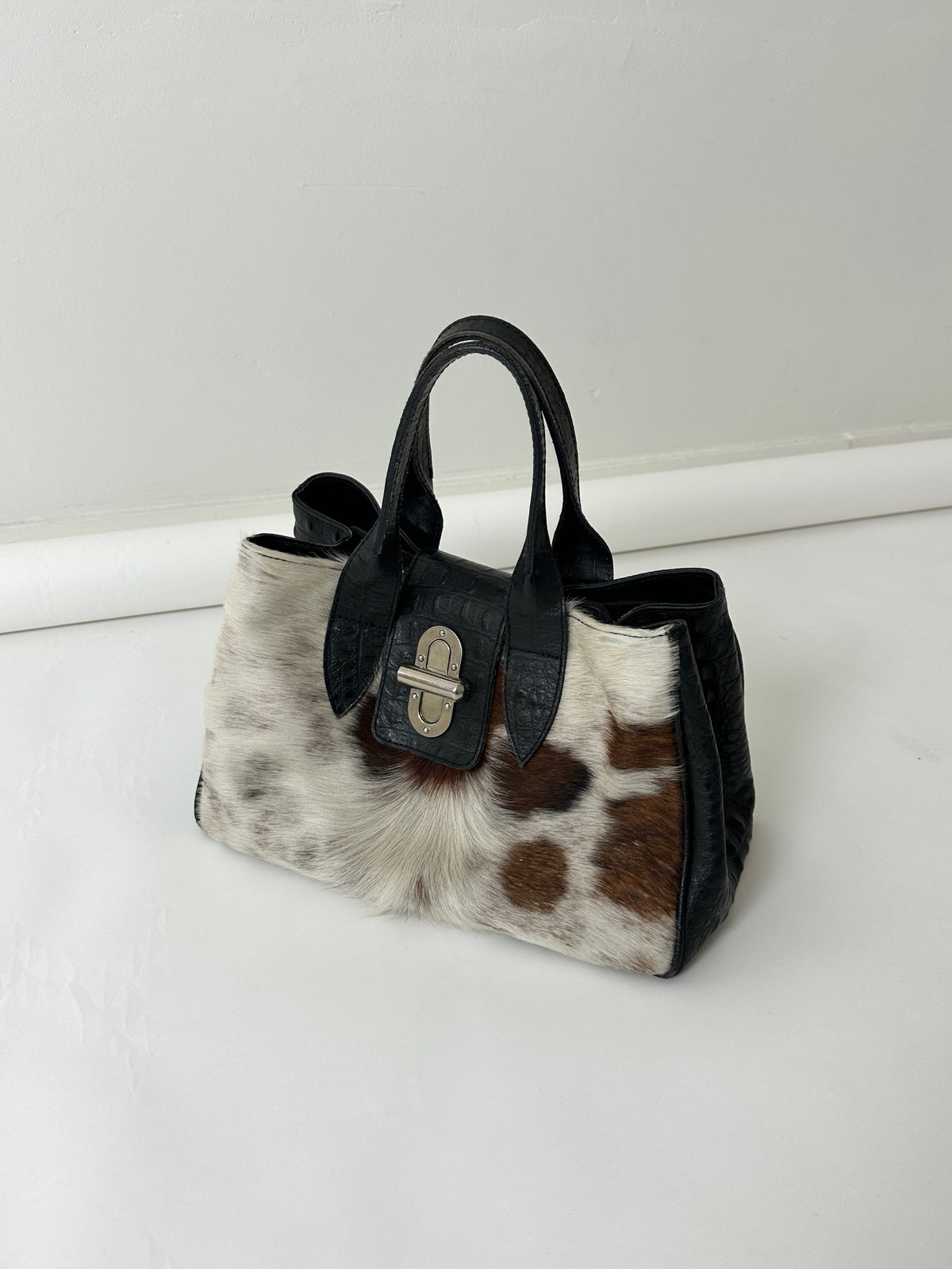 Cowhide & Croc-Embossed Leather Bag