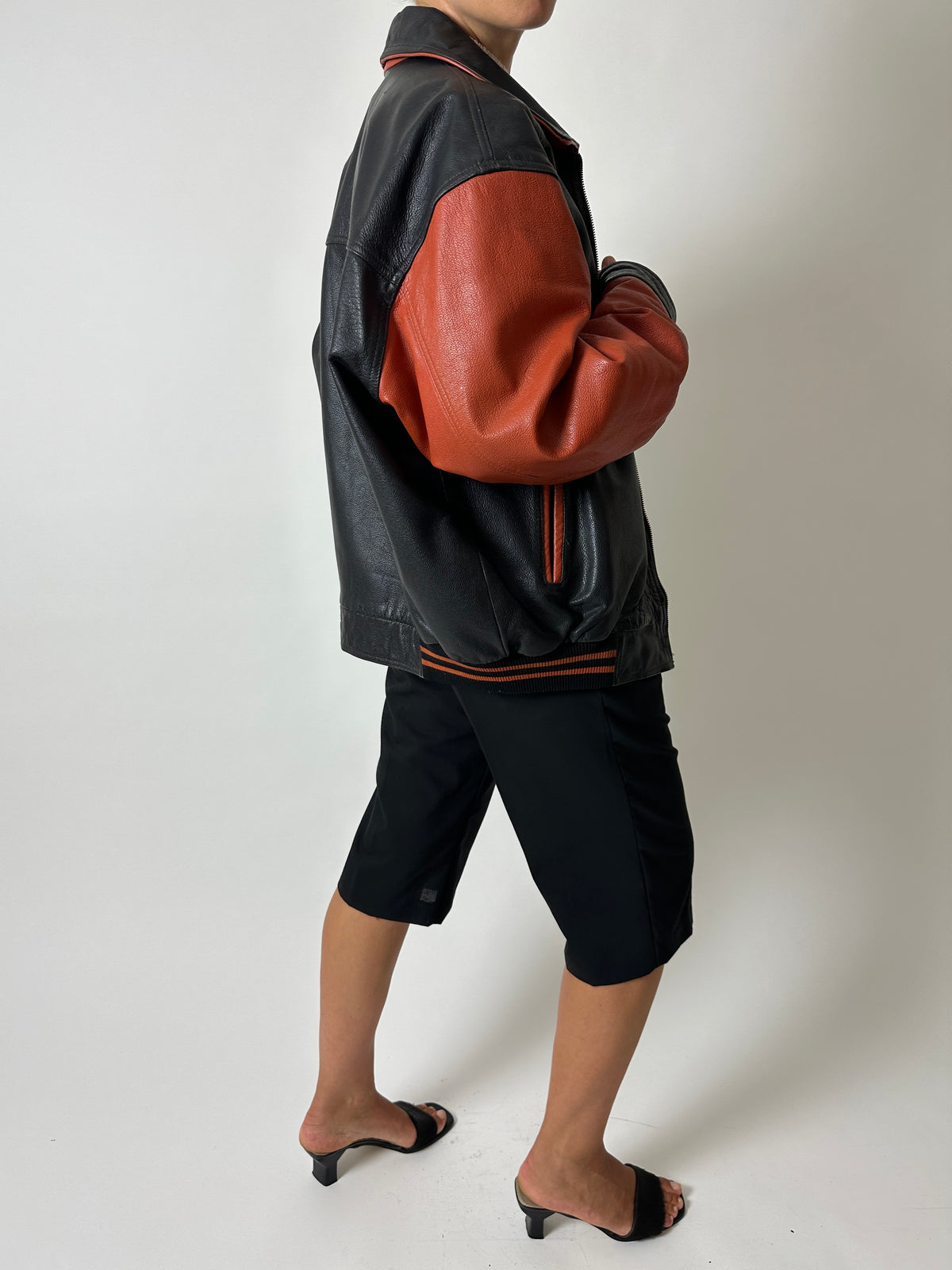 Leather bomber jacket | Black / Orange