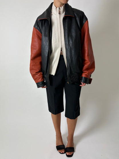 Leather bomber jacket | Black / Orange