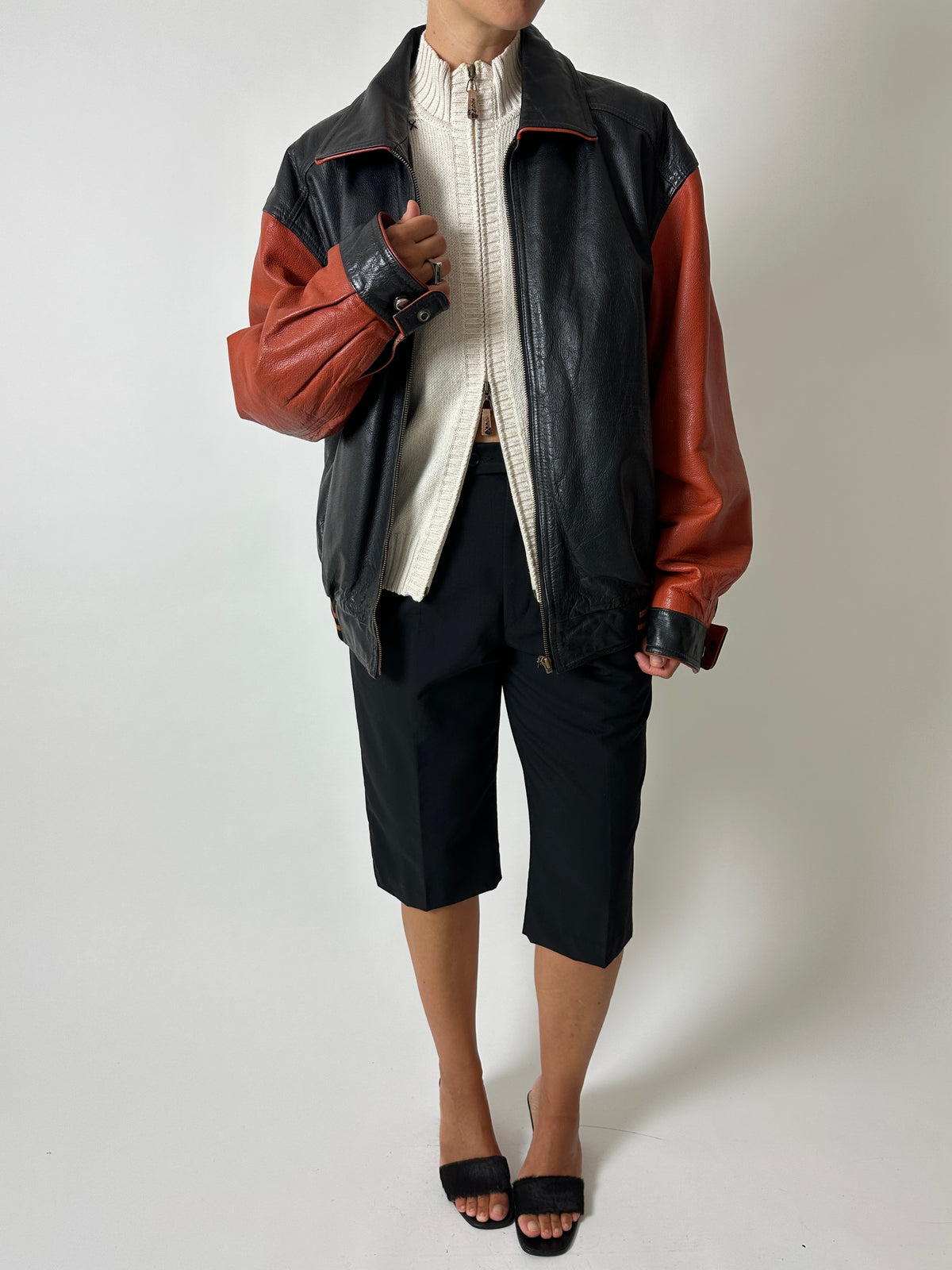 Leather bomber jacket | Black / Orange