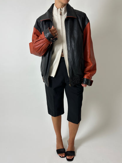Leather bomber jacket | Black / Orange