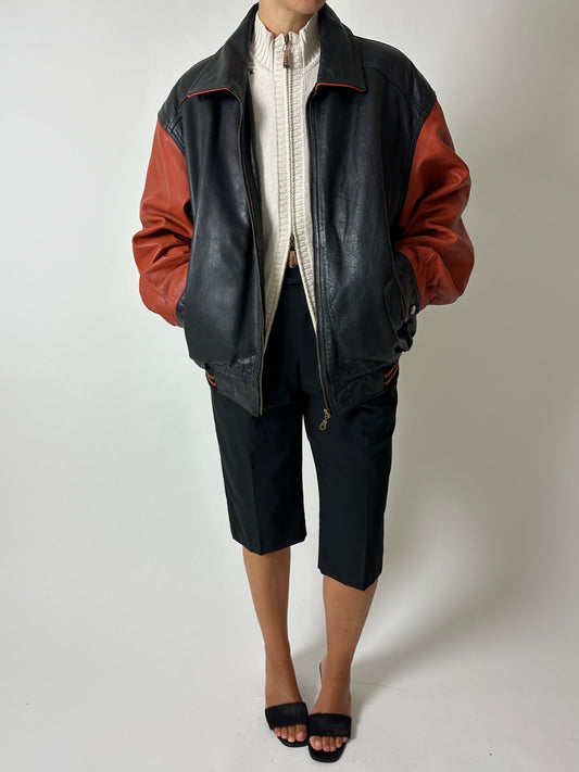 Leather bomber jacket | Black / Orange