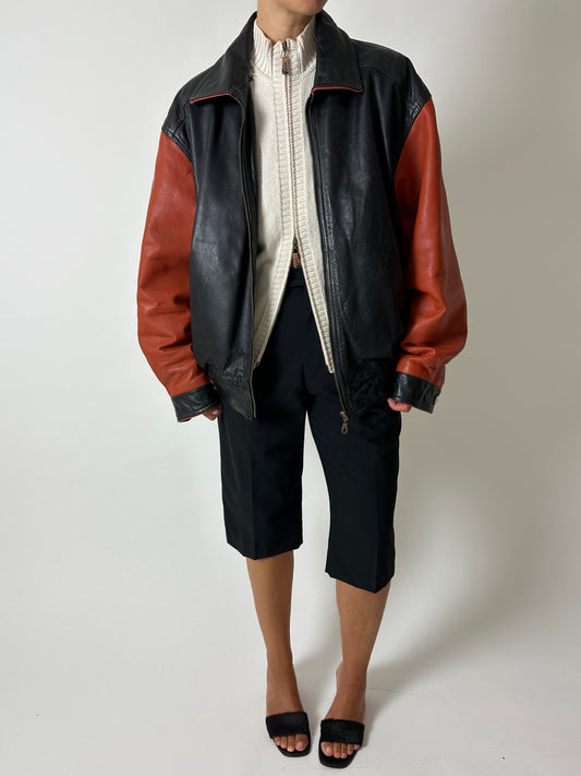 Leather bomber jacket | Black / Orange