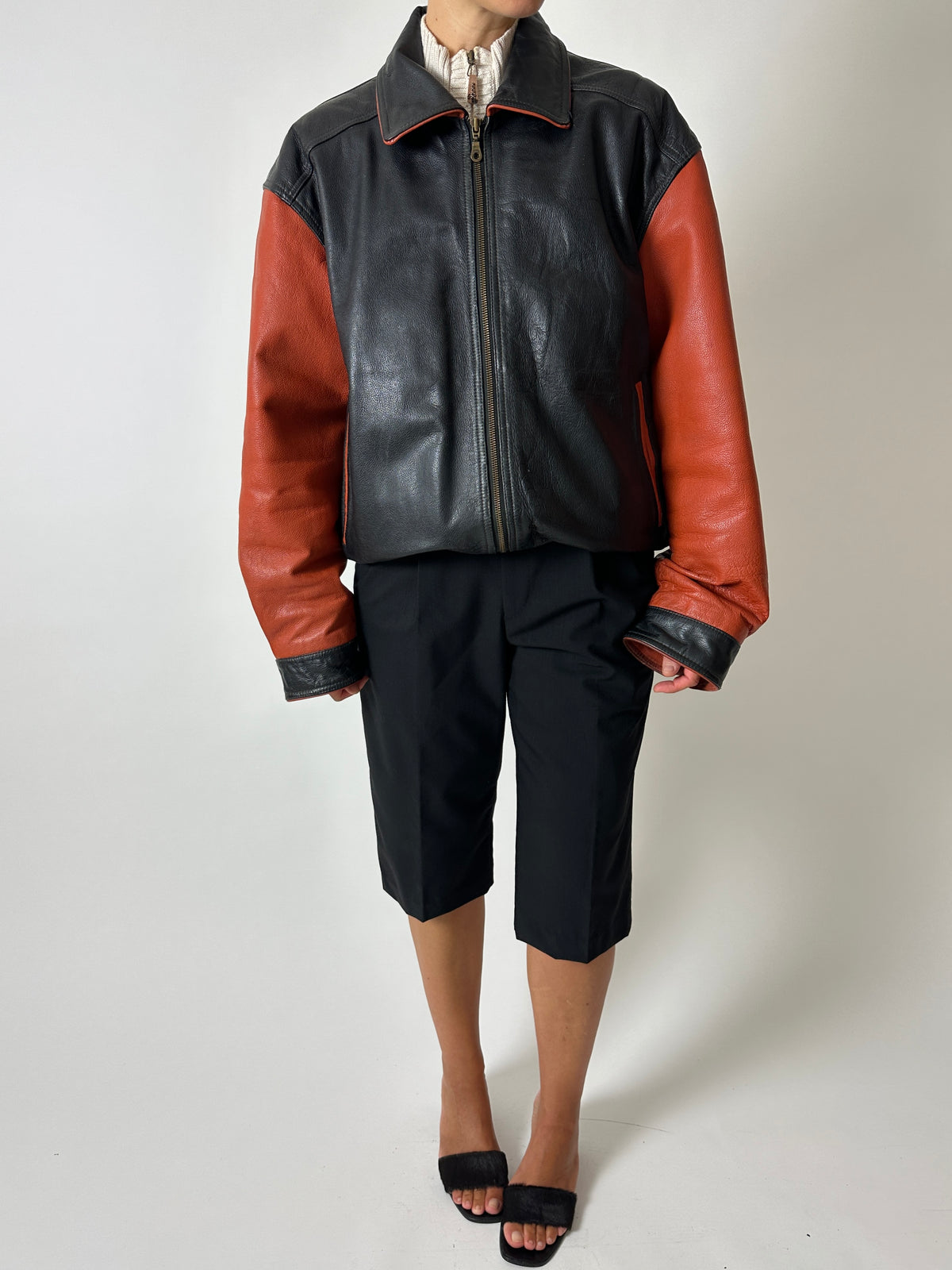 Leather bomber jacket | Black / Orange