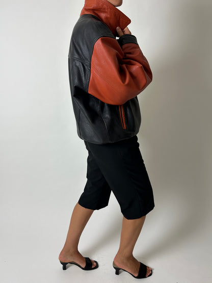 Leather bomber jacket | Black / Orange