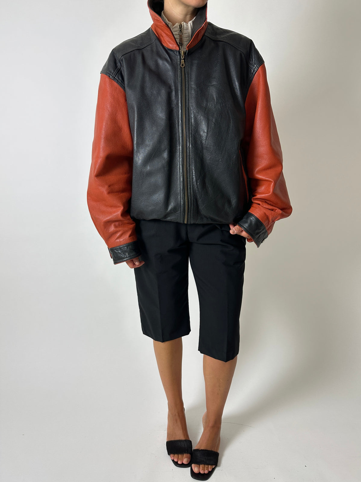 Leather bomber jacket | Black / Orange