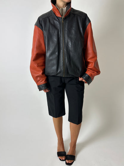 Leather bomber jacket | Black / Orange