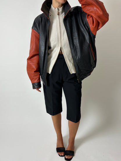 Leather bomber jacket | Black / Orange