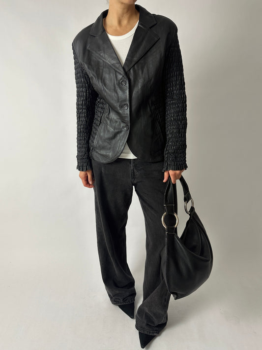 Leather detailed blazer | Black