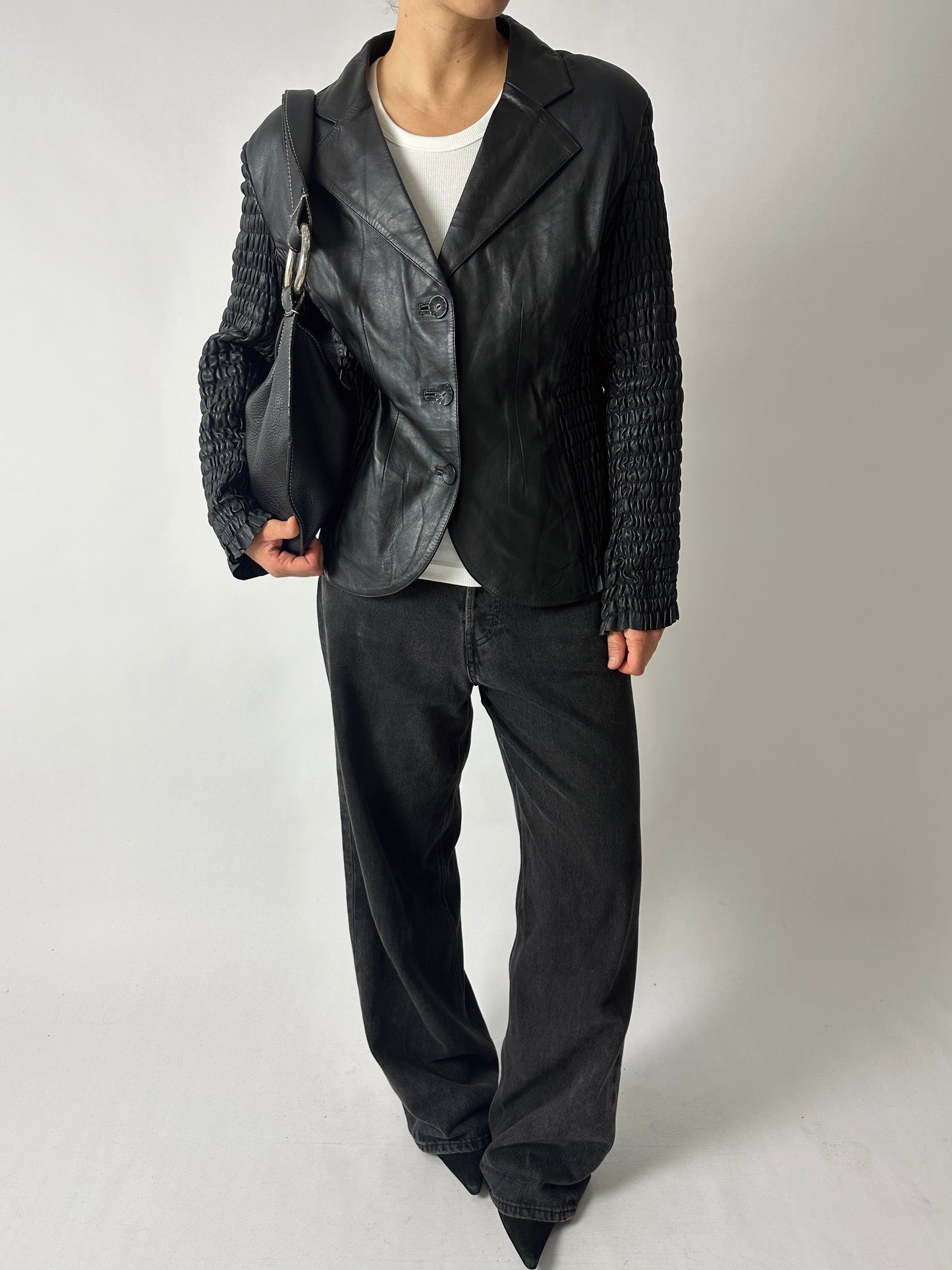 Leather detailed blazer | Black