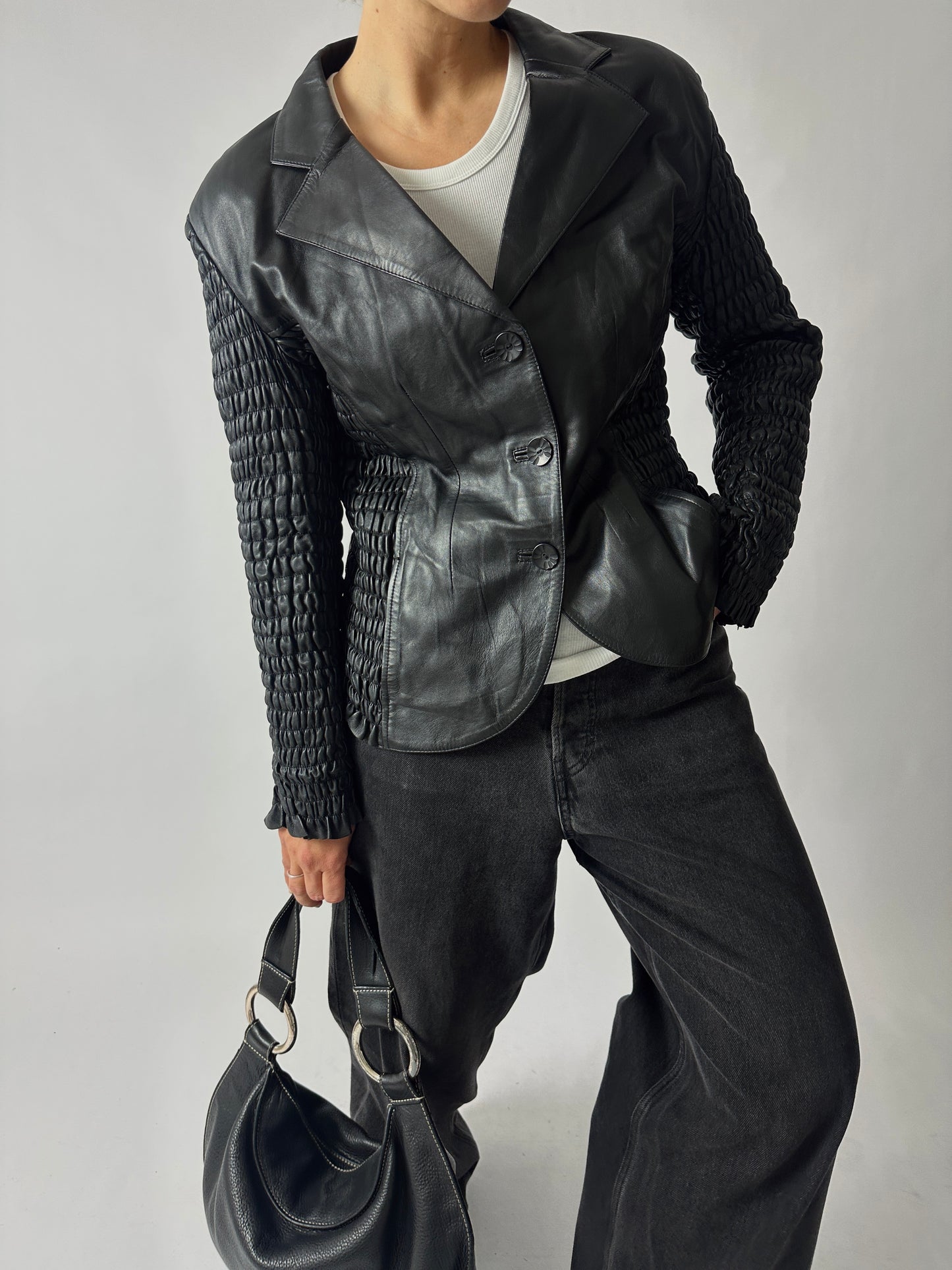 Leather detailed blazer | Black