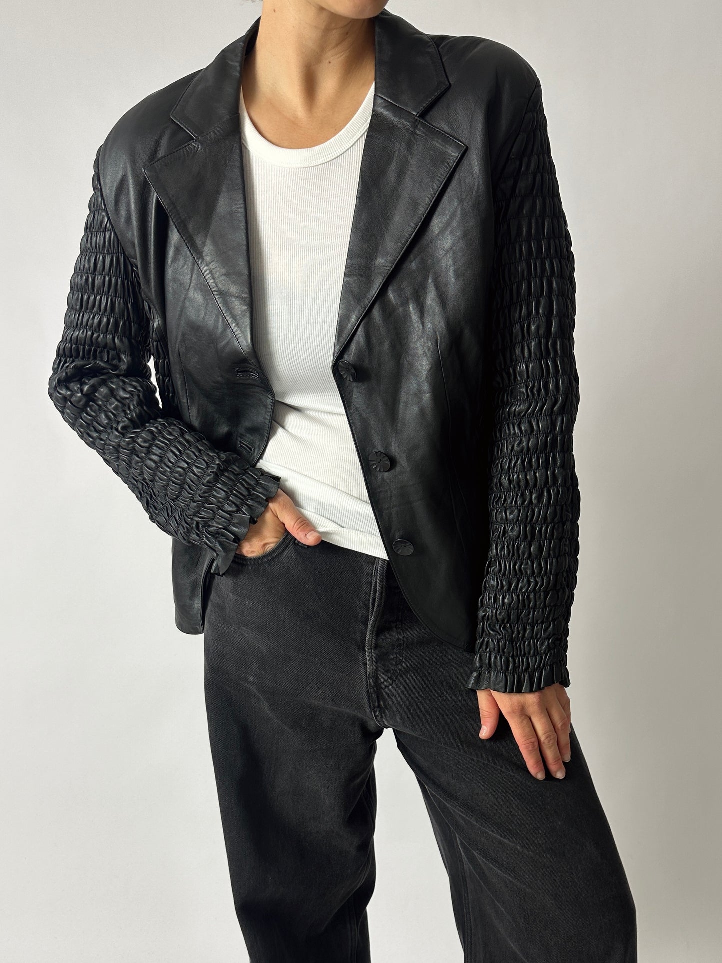 Leather detailed blazer | Black