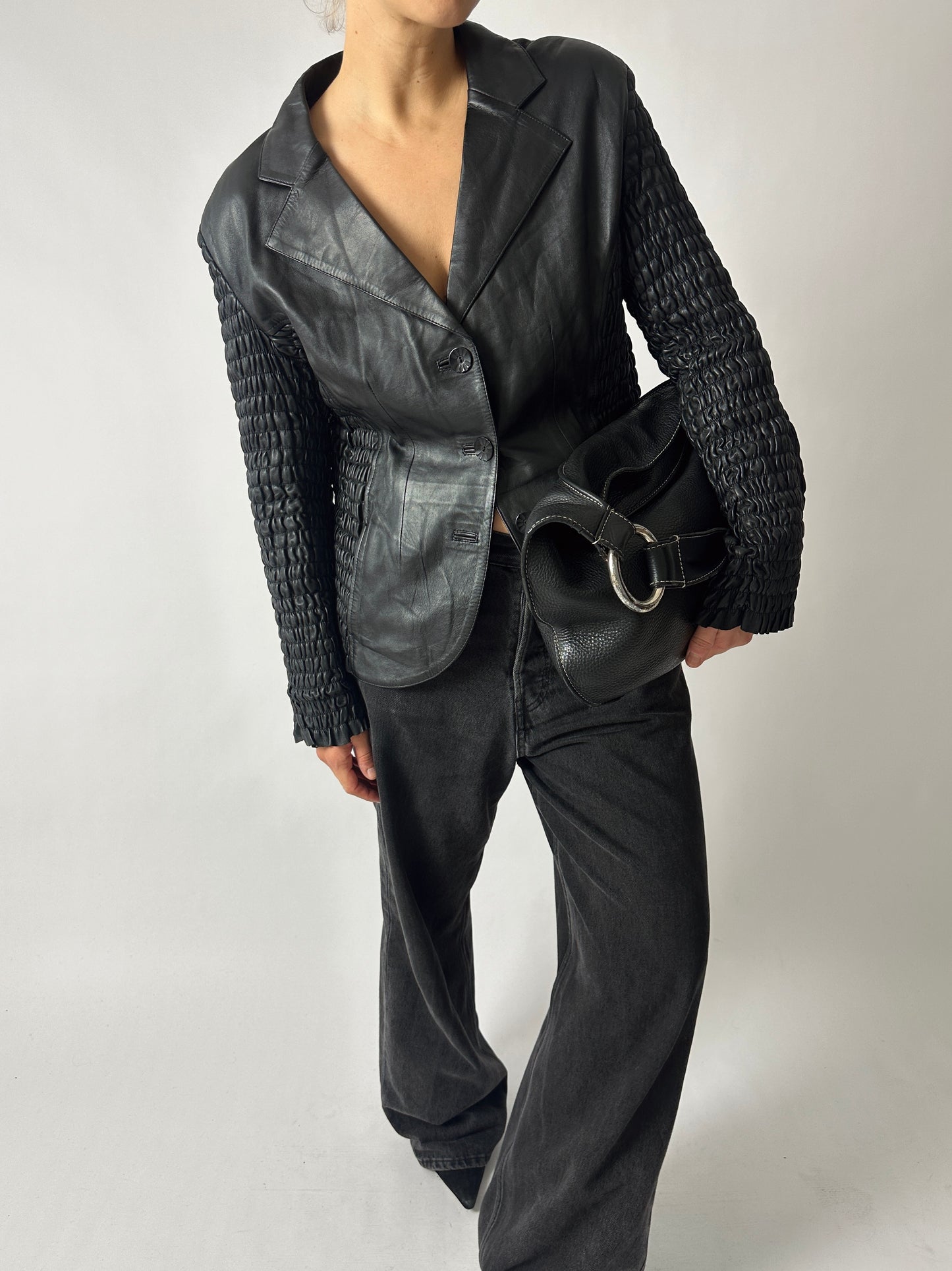 Leather detailed blazer | Black