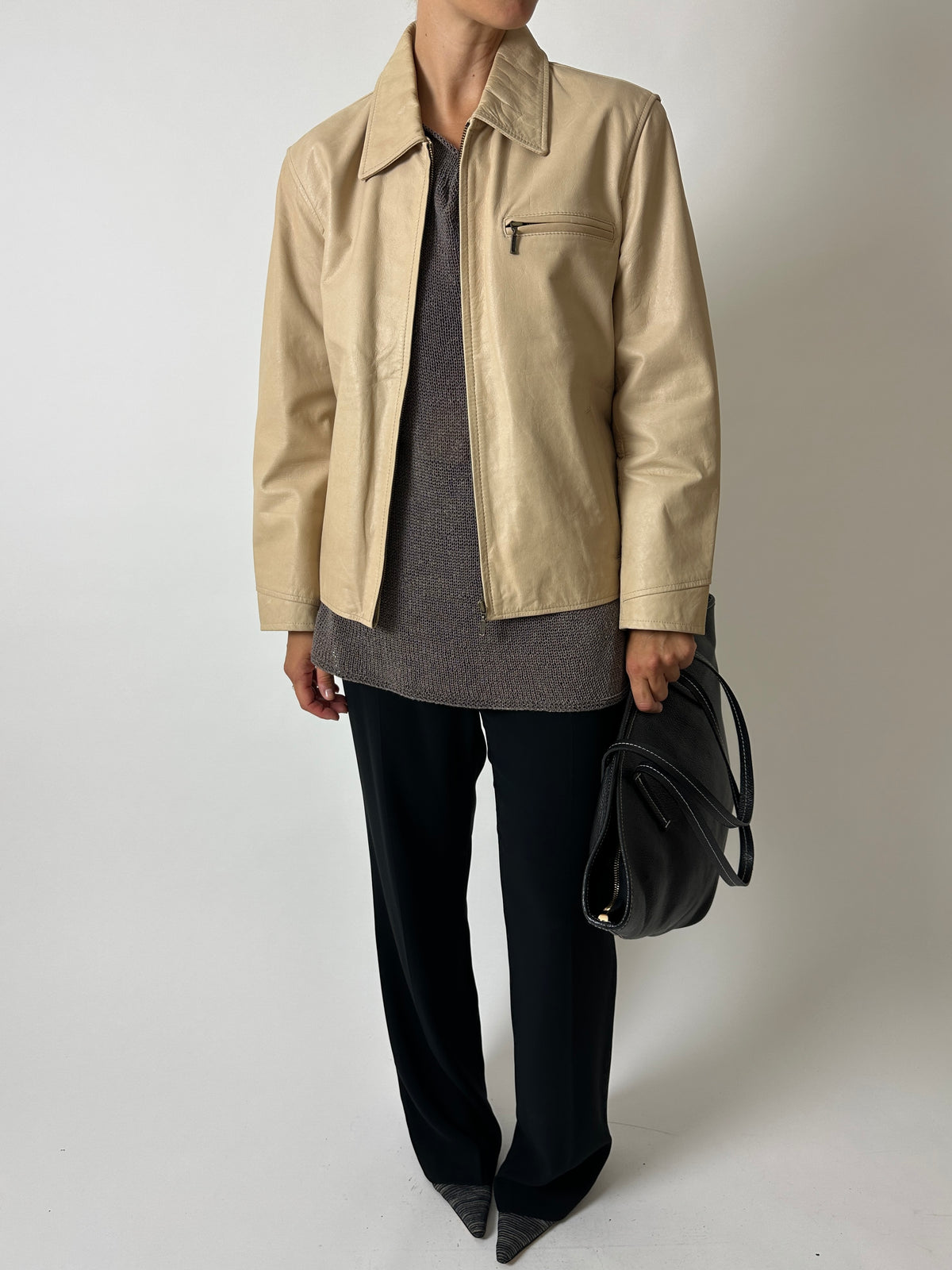 Minimalist leather jacket | Soft ecru