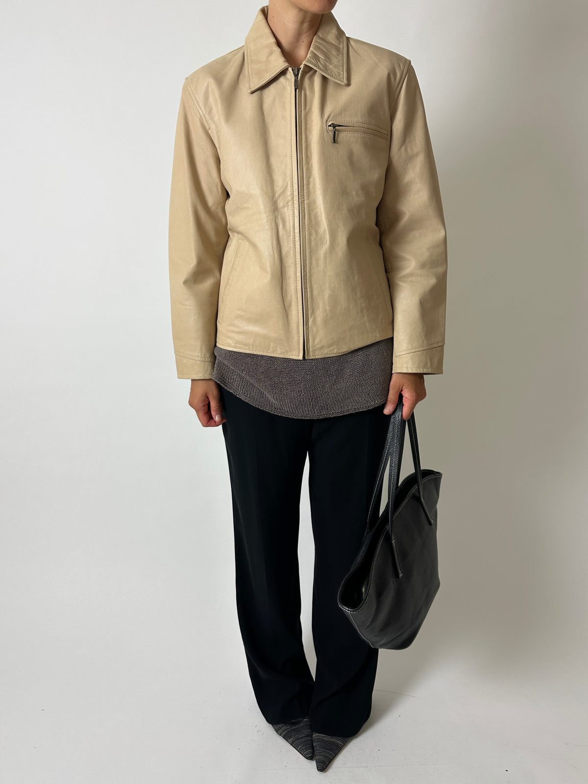 Minimalist leather jacket | Soft ecru