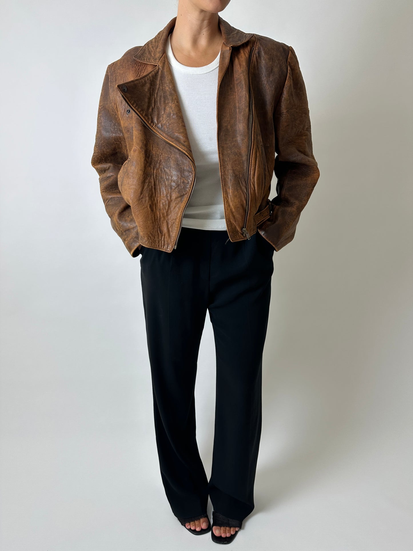 Minimal leather bike jacket | Brown