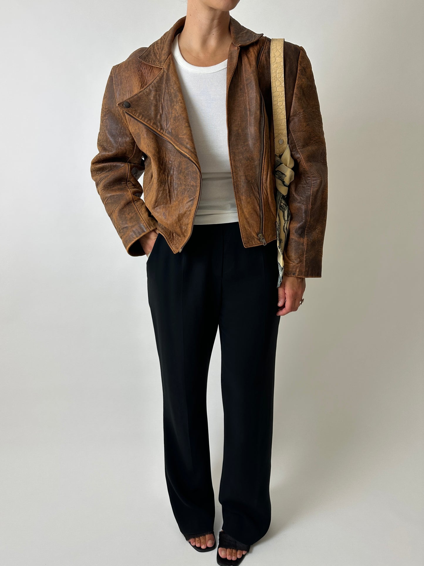 Minimal leather bike jacket | Brown