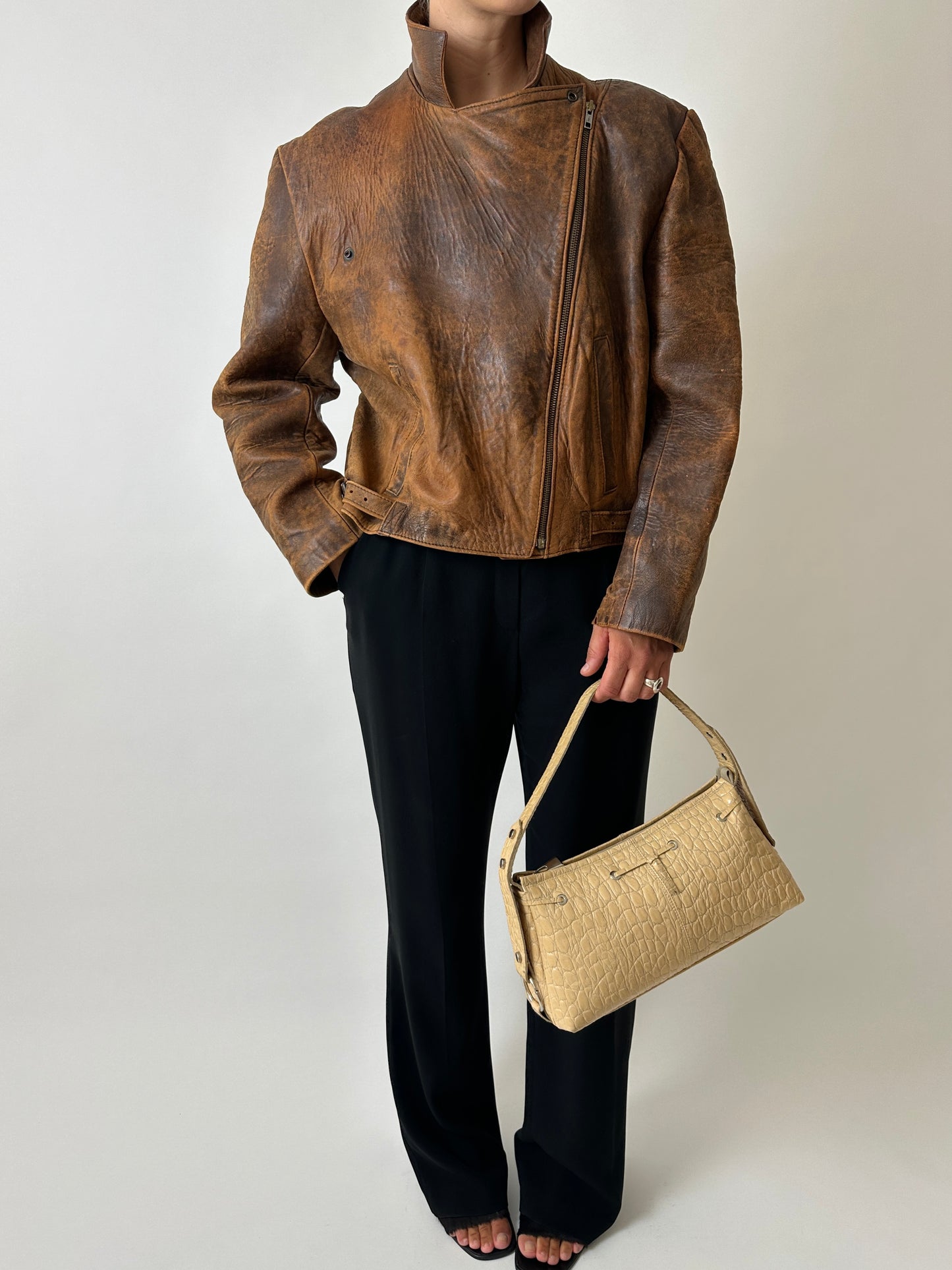 Minimal leather bike jacket | Brown