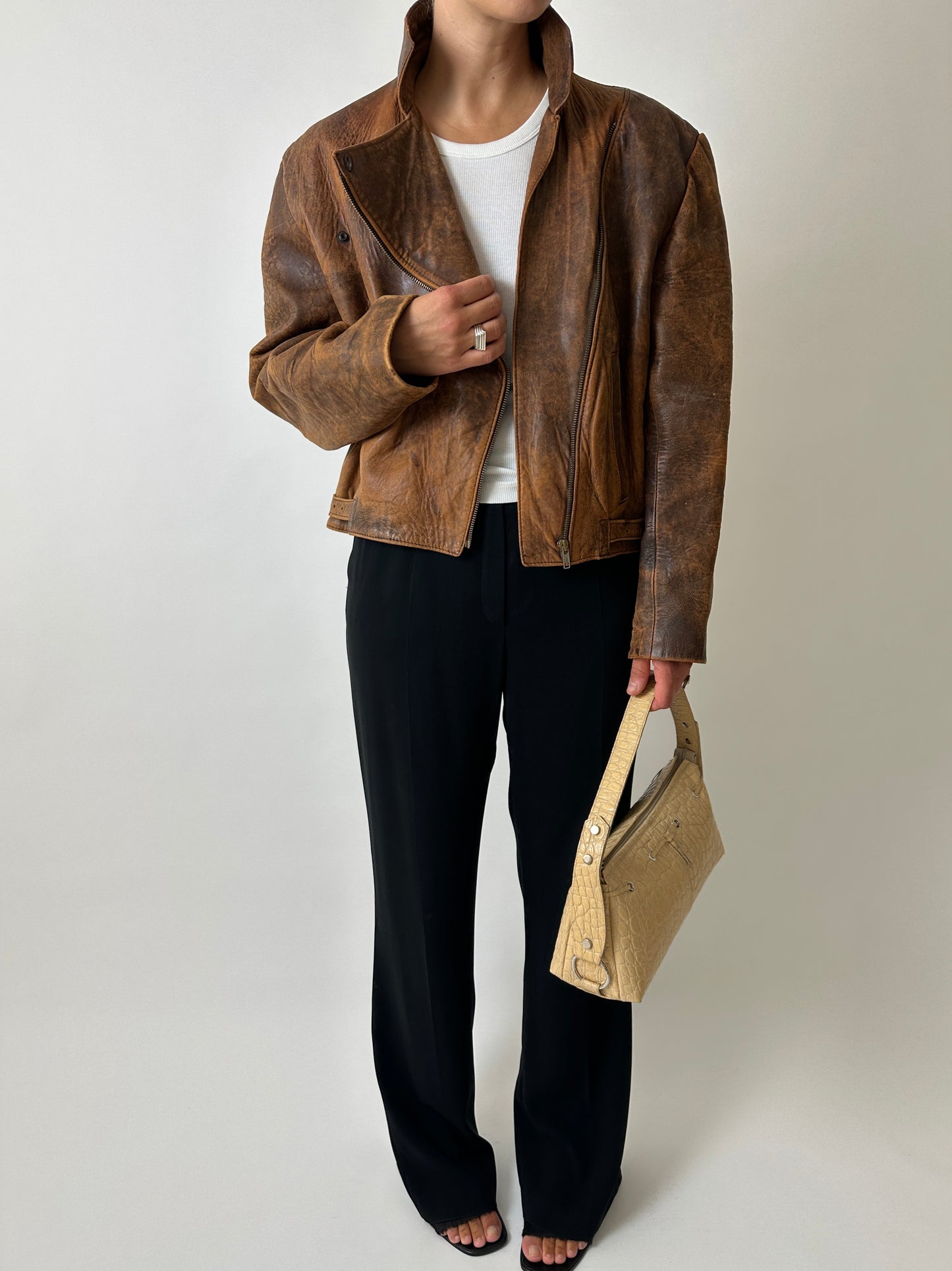 Minimal leather bike jacket | Brown