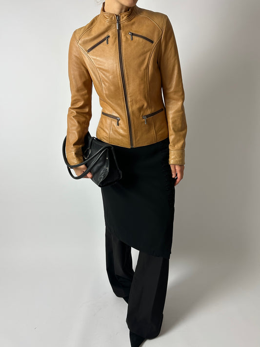 Leather fitted jacket | Camel