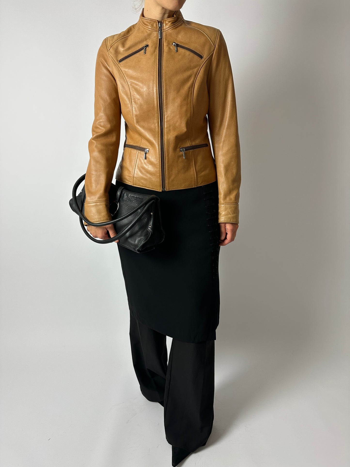 Leather fitted jacket | Camel