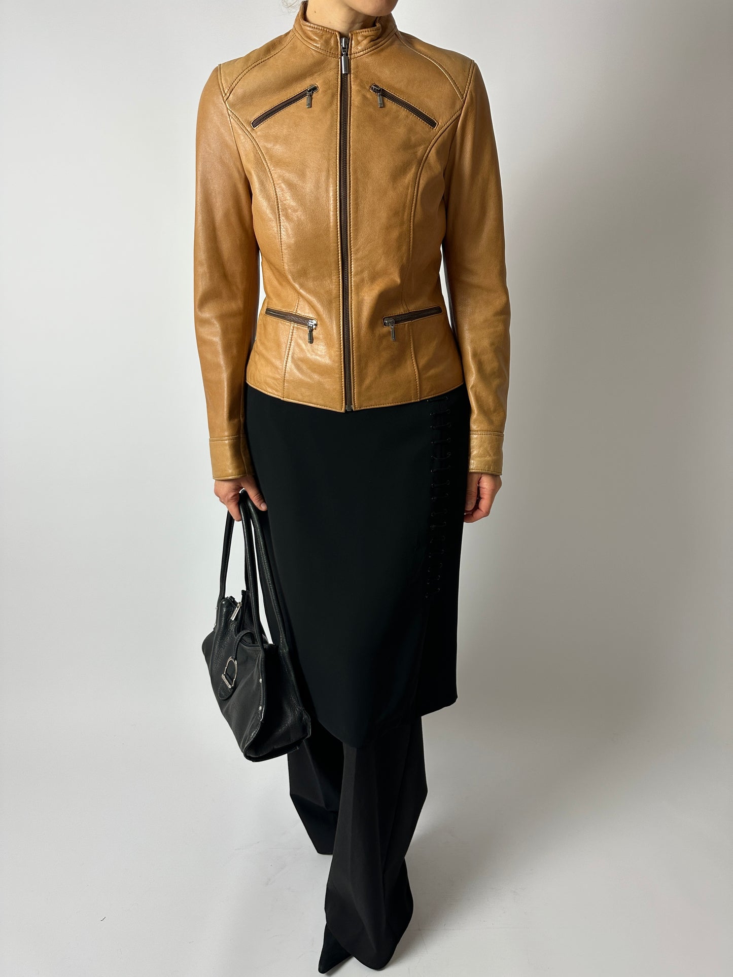 Leather fitted jacket | Camel
