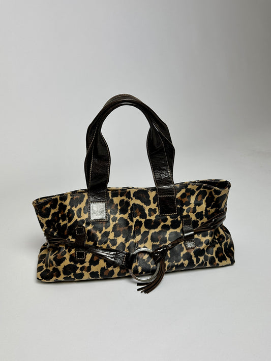 Leather leopard shoulder bag | Black / beige