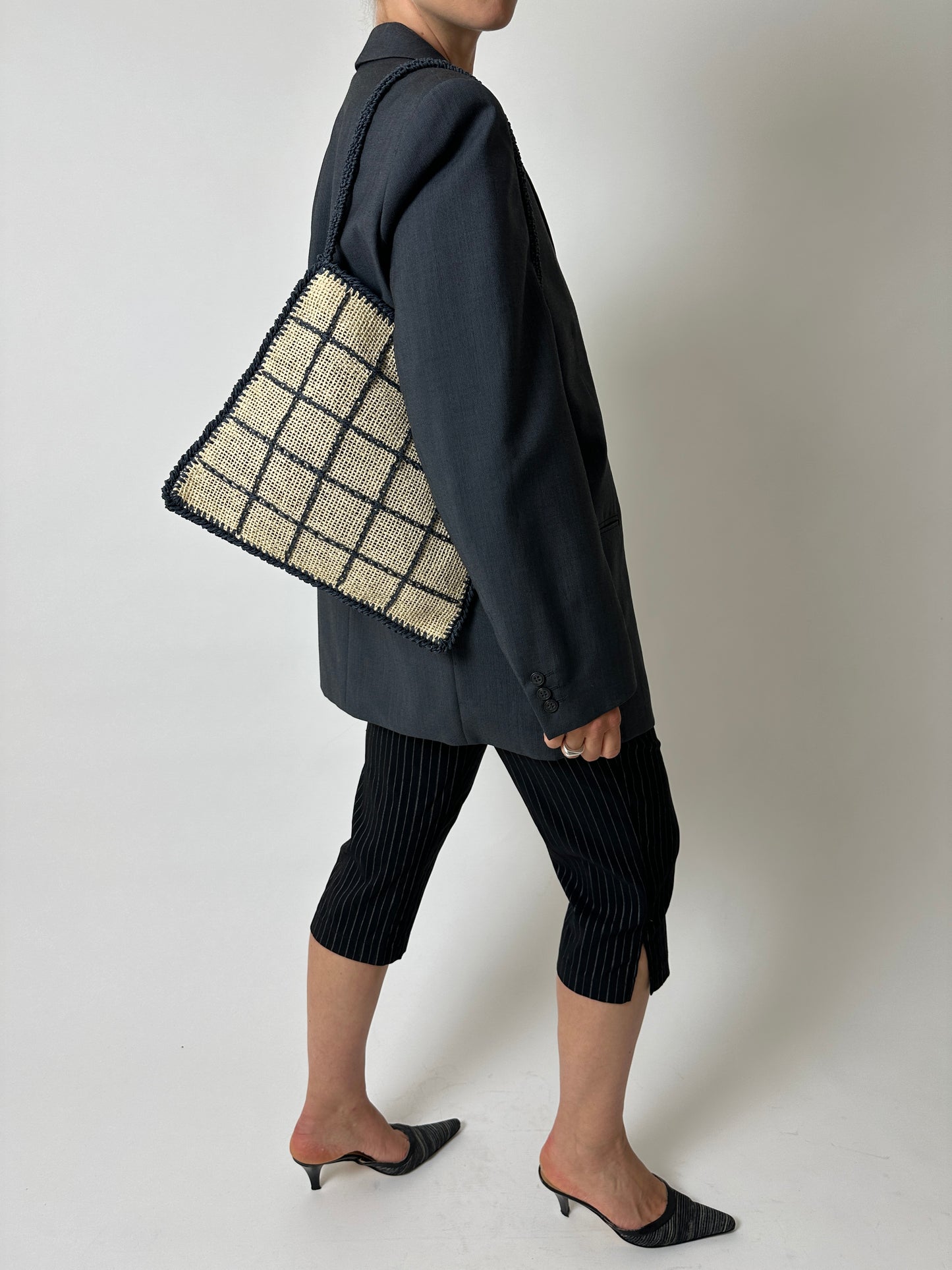 Raffia checked bag | Ecru / navy