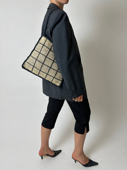 Raffia checked bag | Ecru / navy