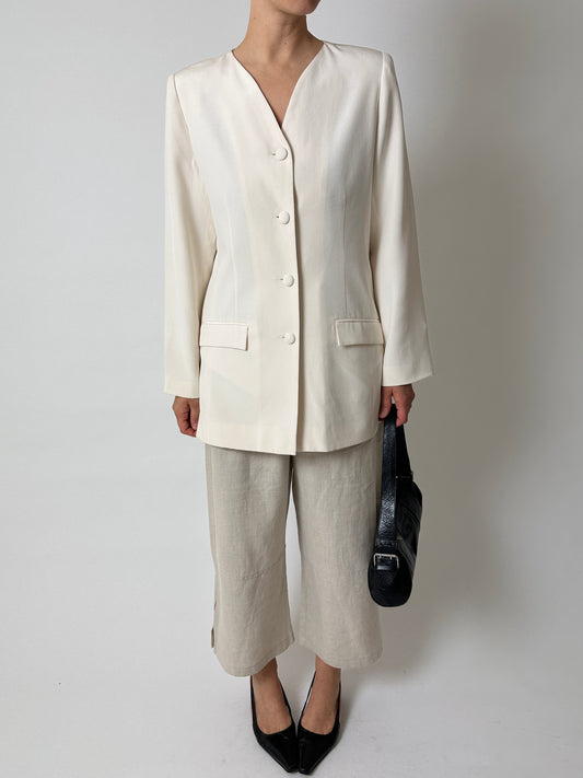 Collarless silk blazer | Off white