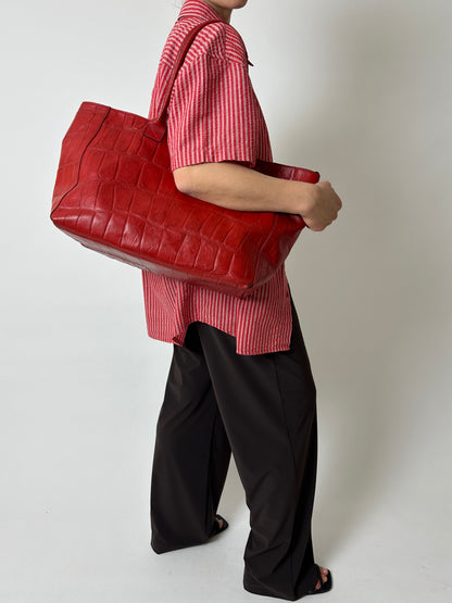 Embossed leather tote bag | Bright red