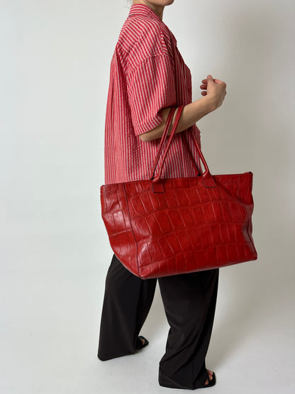 Embossed leather tote bag | Bright red