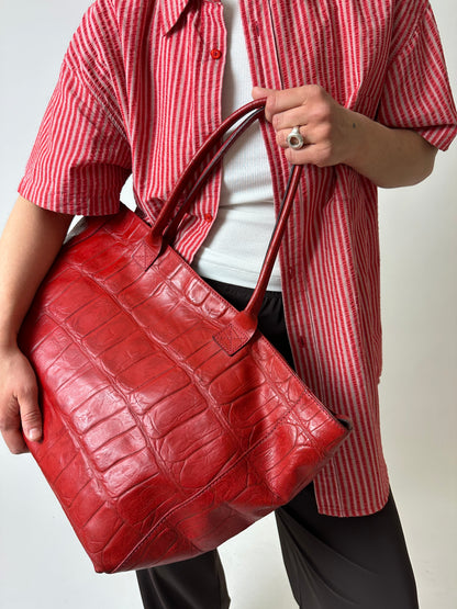 Embossed leather tote bag | Bright red