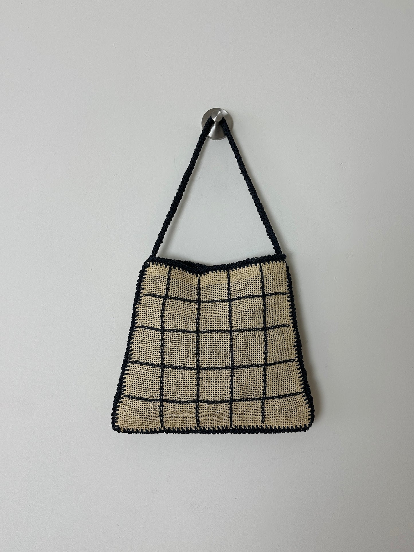 Raffia checked bag | Ecru / navy