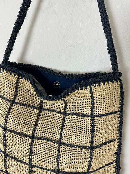 Raffia checked bag | Ecru / navy