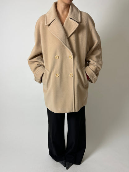 Double-breasted wool coat | Soft ecru