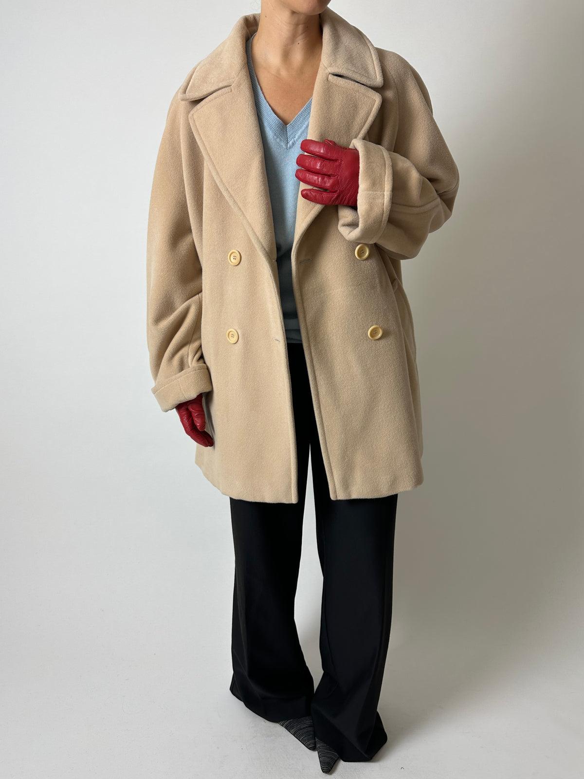 Double-breasted wool coat | Soft ecru