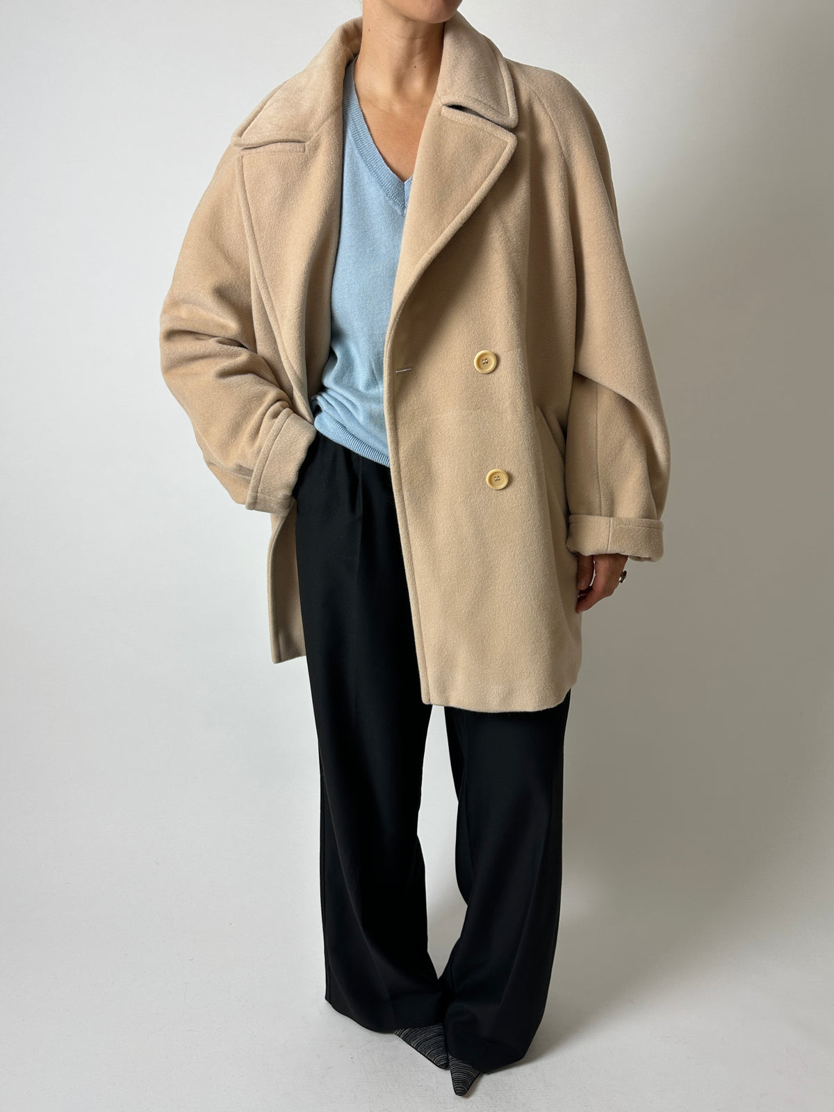 Double-breasted wool coat | Soft ecru